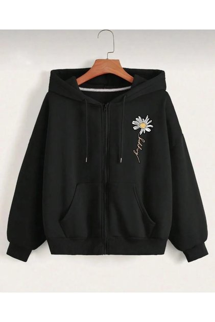 Daisy Printed Oversize Hooded Zippered Sweatshirt/Cardigan