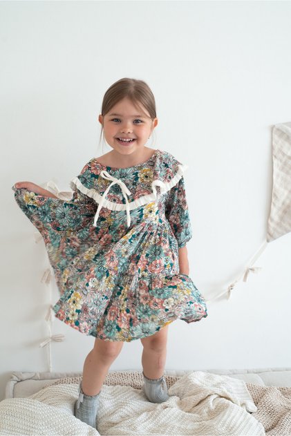 Girls Floral Pattern Ruffle Collar 100% Cotton Dress Green 3-9 Age Rg Brand Rg1459