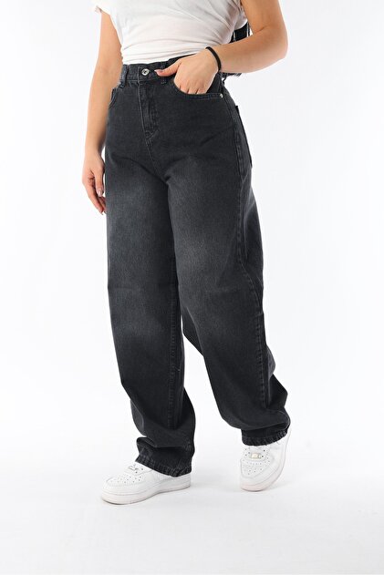 moda camiya Siyah Taş Yıkama Kadın Baggy Jean Pantolon Rahat Kot