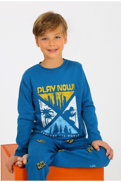 Boy's long sleeve 100% cotton pajama set play now petrol
