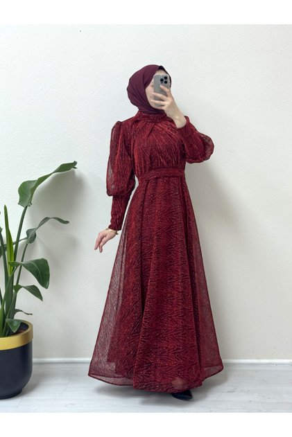 Rochie de seară cu mâneci balon cu guler hakim - Burgundy