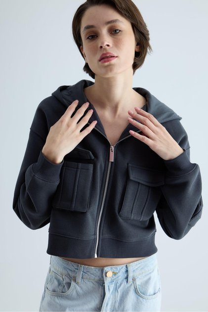 Women's Anthracite Gusseted Pocket Detailed Hooded Crop Cardigan