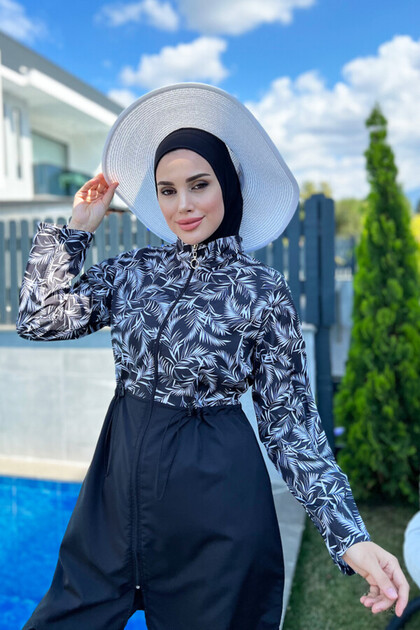 Parachute Fully Covered Hijab Swimsuit White Leaf 2112 Pınar