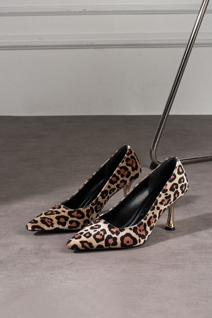 Velvet Leopard Print Closed Back Gold Yellow Thin Heeled Stiletto Casual and Special Occasions