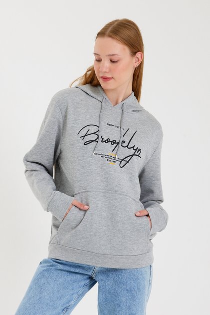 Süperlife Women's Hooded Regular Fit Handwritten Brooklyn Printed Thin Sweatshirt Spr23Swk361