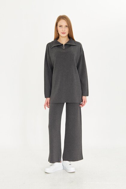Women's Anthracite Oversize Zippered Knitwear Bottom Top Set 1805