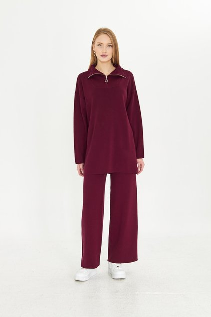 Oversize Zippered Knitwear Top and Bottom Set 1805 Claret Red