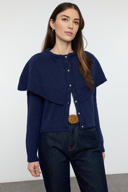 Navy Blue Buttoned Sleeve Detailed Crew Neck Crop Knitwear Cardigan Twoaw25Hi00371