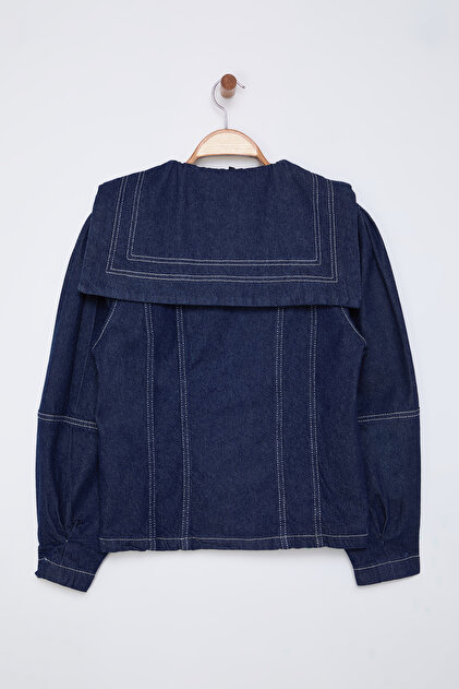 Trendyolmilla Koyu Mavi Denizci Yaka Detaylı Kontrast Dikişli