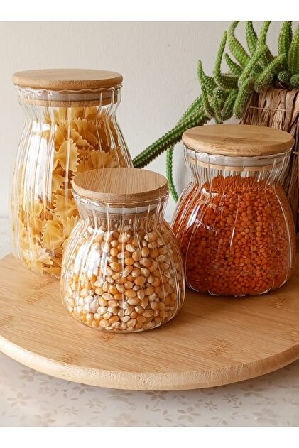 TARIK HOME 3'lü Origami Çizgili Bambu Kapaklı Cam Kavanoz Seti