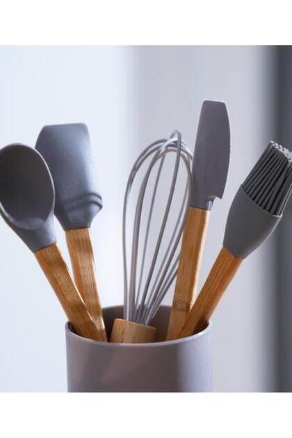 Gray 5 Piece Mini Size Bamboo Spatula Set with Stand