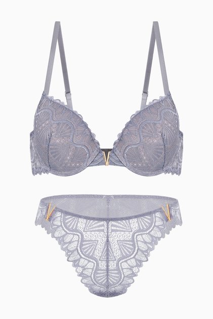 Anna Lace Bra Panty Set with Gold Accessories - Push up - 2568 - Gray