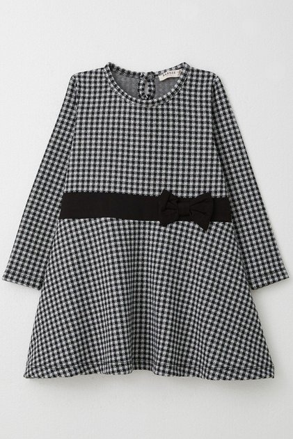 Girls' Long Sleeve Dress with Houndstooth Pattern and Bow for 3-8 Years, Black