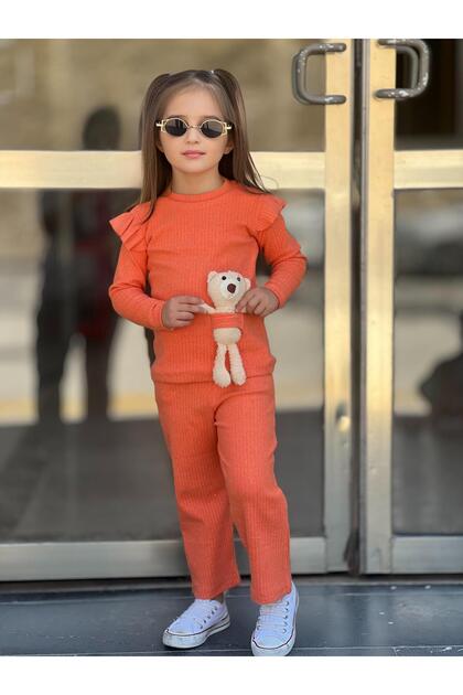 Girl's Top and Bottom Set Long Sleeve Blouse Loose Flared Leg Pants and Teddy Bear Set