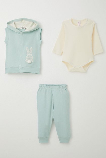Baby Girl Bodysuit 3 Piece Set with Rabbit Embroidered Pompom 4 Months-1 Years, Water Green