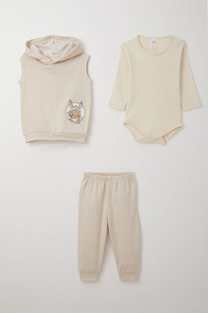Baby Boy Bodysuit 3 Piece Set with Cute Rabbit Emblem 4 Months-1 Years, Beige
