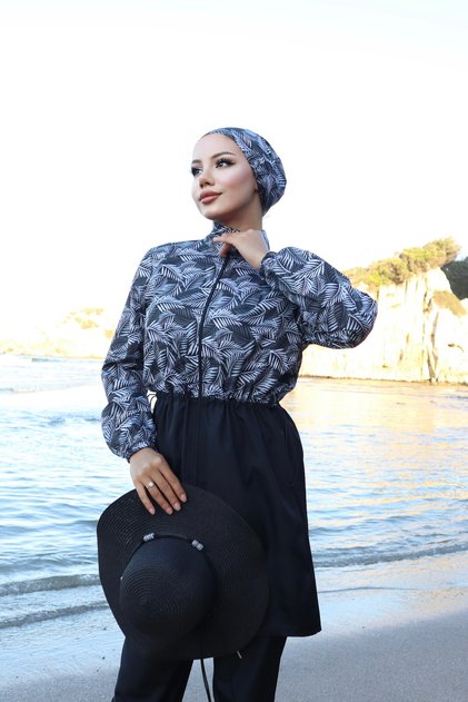 Palm Patterned 3-Piece Hijab Swimsuit with Adjustable Elastic Waist Black and White
