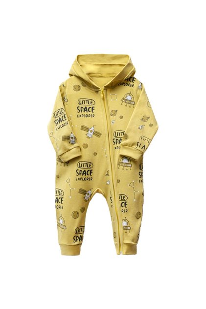 Baby Boy Yellow Space Printed Zippered Hooded Jumpsuit