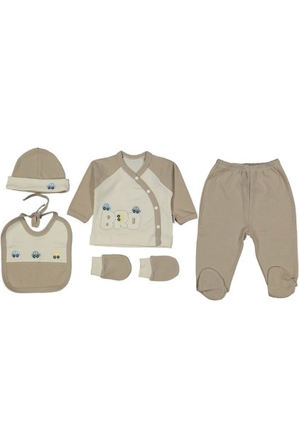 Baby Boy Ecru Brown Bro Car Embroidered 5 Piece Hospital Discharge Set