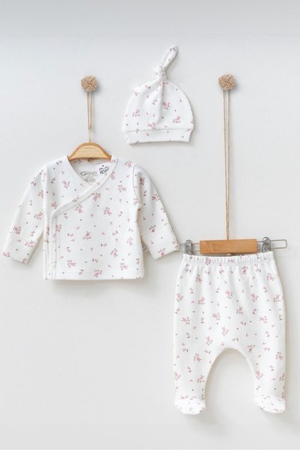 Newborn girl baby bodysuit set - floral print ecru newborn crossover outfit