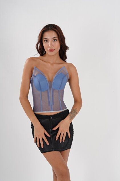 Metay Design İndigo Mavi Transparan Korse Büstiyer Dik Kulak Model