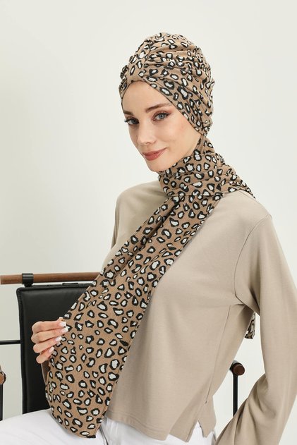 Winter Scarf Patterned Bonnet Turban, B-80Dıv, Pattern 2 Milk Coffee