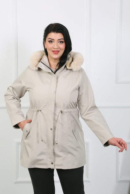 Women's Stone Color Water Repellent Bondit Fabric Detachable Hooded Plus Size Coat