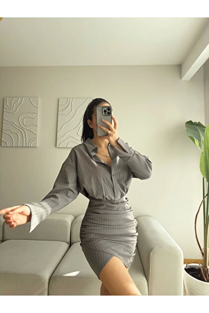 Double Gömlek Elbise - GRİ