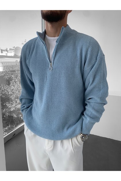 Blue Knitwear Thessaloniki Fabric Half Zipper Sweater