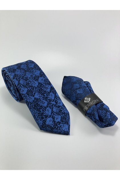Dark Blue Cobalt Blue Patterned Tie with Handkerchief