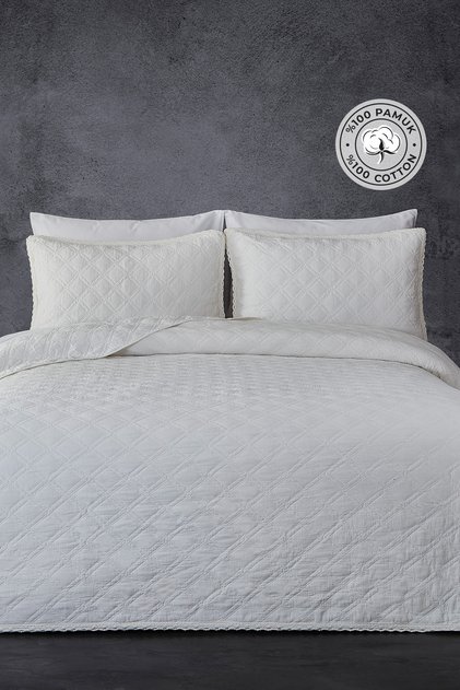 100% Cotton Double Pique Set Special Stone Washed Bedspread Barbara 3 Piece Luxury Soft Cream