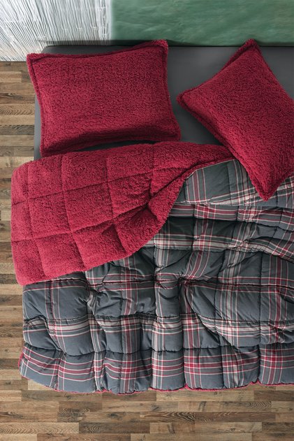 Festive Çift Kişilik Çift Taraflı Peluş Yorgan Noel Kırmızı