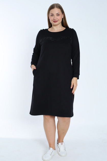 Women's Black Plus Size Long-Sleeved Cotton Dress with Stone Detailed Pockets