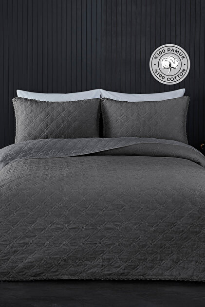 100% Cotton Double Pique Set Special Stone Washed Bedspread Barbara 3 Piece Soft Anthracite