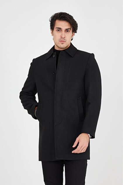gambia outdoors Men's Black Cashmere Wool Shirt Collar Overcoat