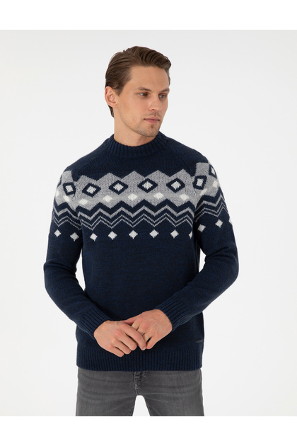 Lacivert Slim Fit Çeyrek Yaka Triko Kazak 50296448-VR033