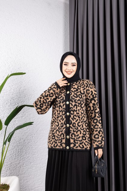 Sfg Life Fashion Women's 38-40 Size Matching Raster Feather Front Gold Button and Leopard Print Knitwear Cardigan