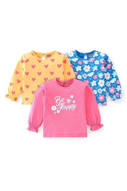Cotton Knit Full Sleeves T-Shirts Floral & Heart Print Pack of 3 - Pink Yellow & Blue