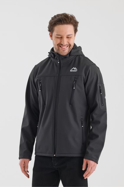 Removable Zippered Hood with Fleece Inside Waterproof Softshell Men's Coat Dark Gray