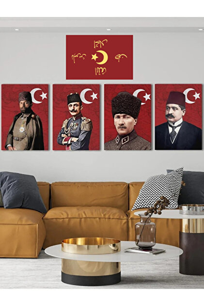 Ittihat Terakki Sancağı Tablo Seti 4'lü 40x60 3mm Ahşap Enver Paşa Talat Paşa Cemal Paşa
