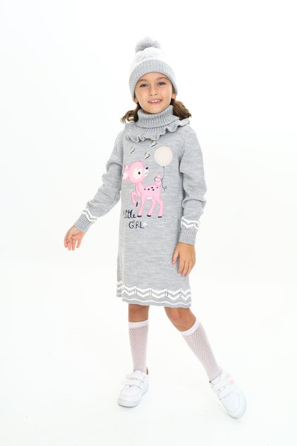 3-Piece Set with Balloon Gazelle Patterned Beret and Scarf on the Girl's Dress Tail
