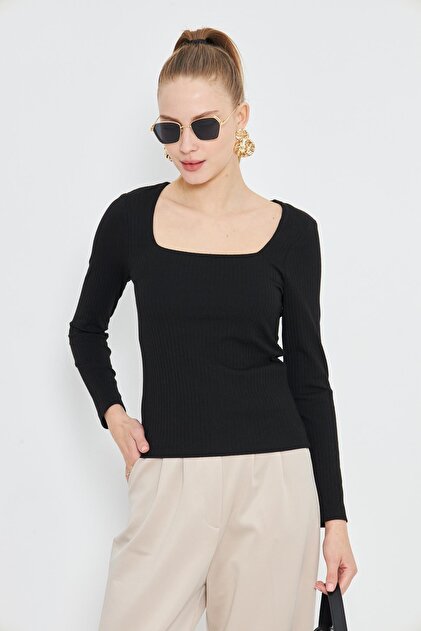 トップス lohen SQUARE NECK COMPACT TOPS black AMİDA Women's Black Square Neck Long Sleeve Ribbed Blouse - 2464