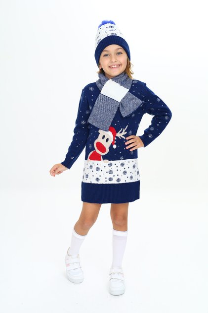 Girl's Winter Dress 3 Piece Set with Deer Print Beanie and Scarf in the Snow