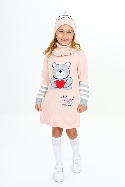 Girl's Winter Dress Pullover Rabbit Embroidered Set of 3 with Beanie and Neck Collar