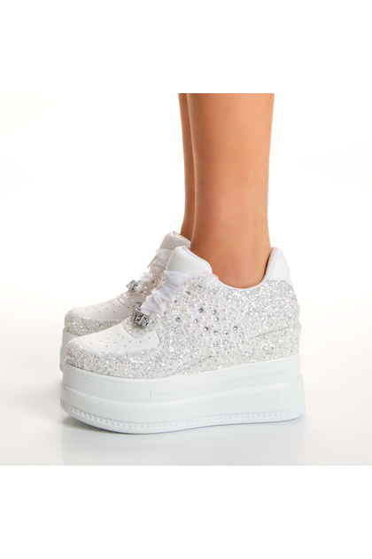 Wedding Dress Shoes Wedge Heel White Glittering Pearl Detail 9cm Unique Comfort