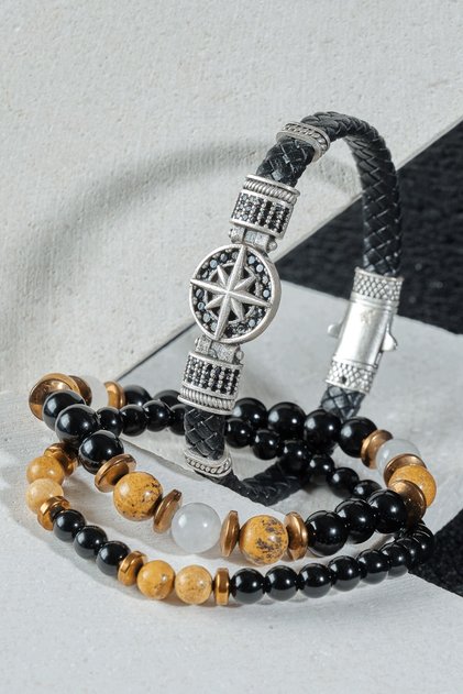Energy and Protection Bracelet - Genuine Leather - Onyx, Jasper and Hematite Combo