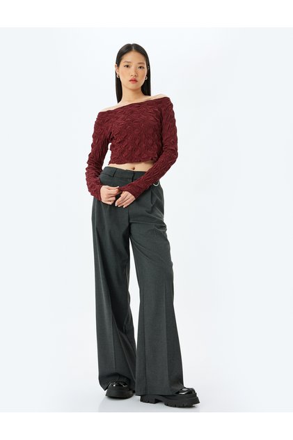 Crop T-Shirt Long Sleeve Textured Boat Neck Wrap