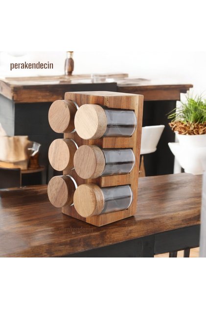 6-Piece Set of Spice Rack with Accorded Lid and Acacia Stand