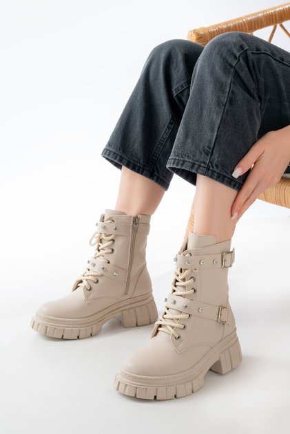 842-03 Beige Lace-Up Thick Sole Lace-Up Zippered Casual Women's Boots