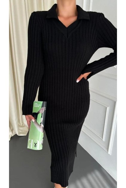 Polo Collar with Sleeve and Trim Detail, Thick Knit Dress